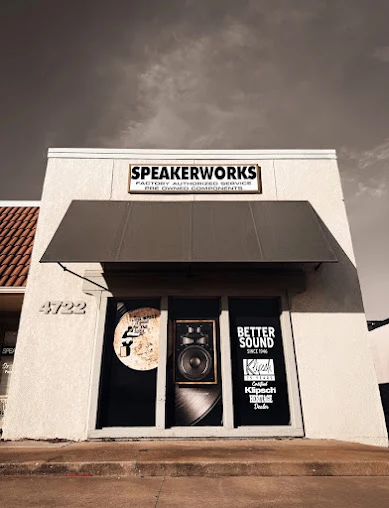 The Speakerworks storefront and entrance, with the shop sign above a dark awning and street number 4722.